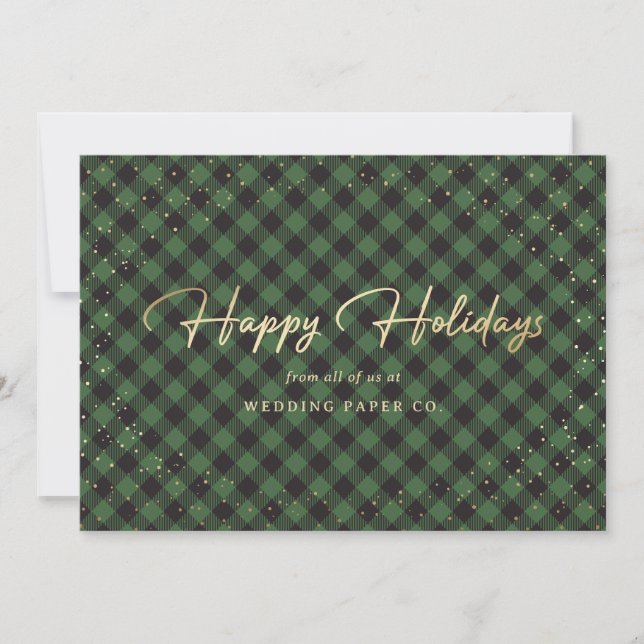 Green Plaid Gold Snow Business Holiday Cards (Front)