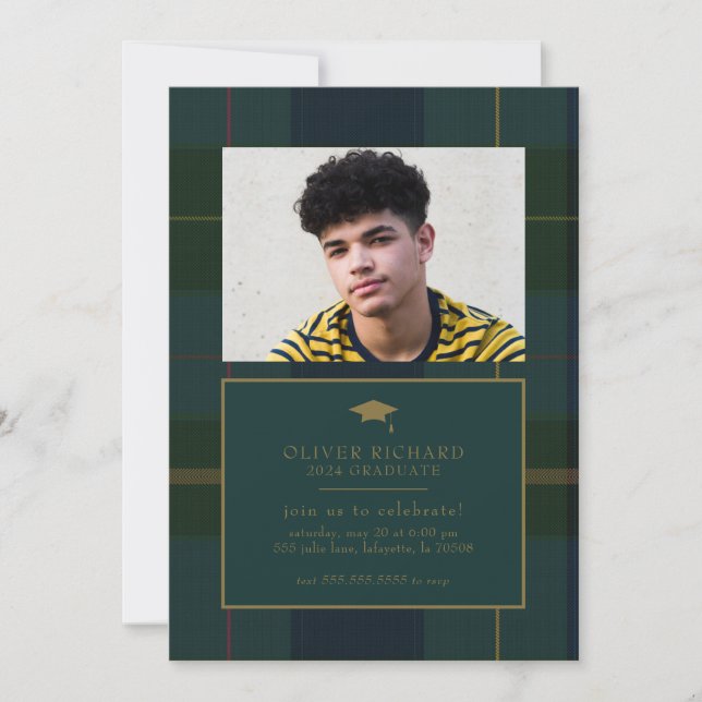 Green Plaid Graduation Announcement Invitation (Front)