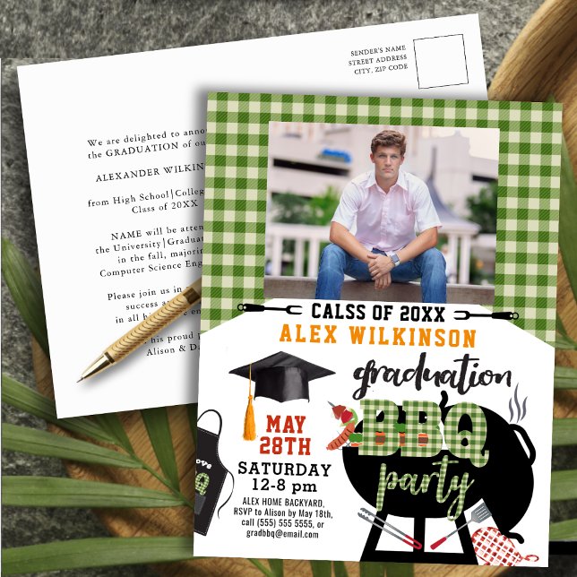 Green Plaid Graduation BBQ Party Photo Invitation Postcard (Creator Uploaded)