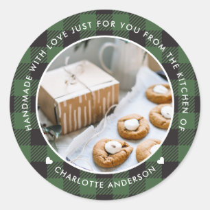 Green Plaid Handmade with Love Christmas Photo Classic Round Sticker