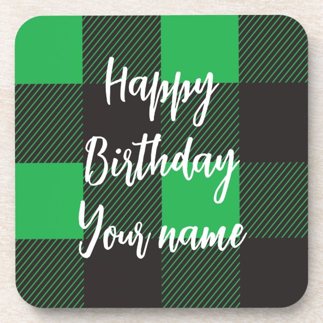 Green Plaid Happy Birthday Coaster (Front)
