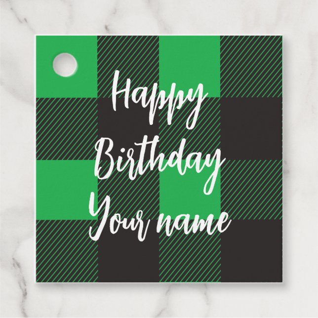Green Plaid Happy Birthday Favour Tags (Front)