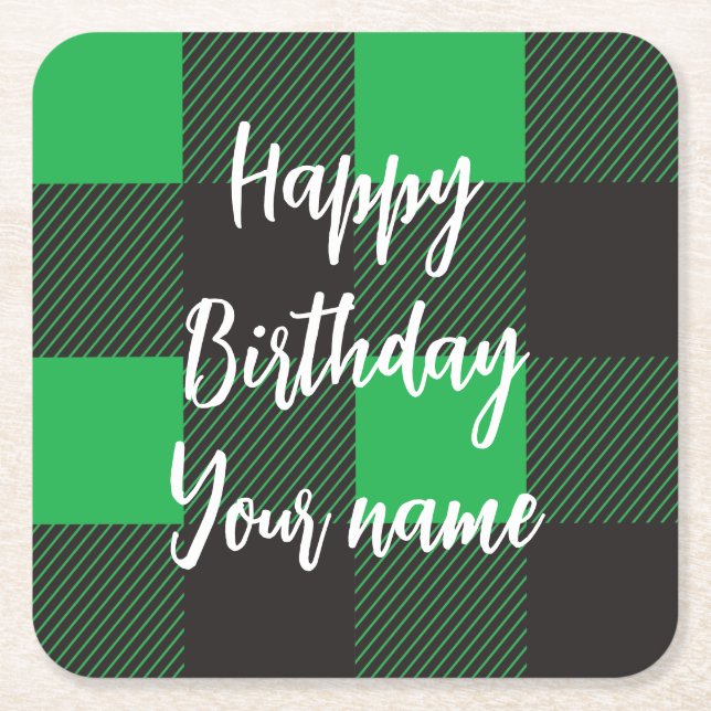 Green Plaid Happy Birthday Square Paper Coaster (Front)
