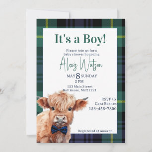 Green plaid highland cow baby shower invitation