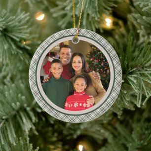 Green Plaid Ho Ho Ho Family Photo Holiday Card Ceramic Tree Decoration