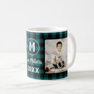 Green Plaid Holiday Family Name 2 Photo Year Coffee Mug