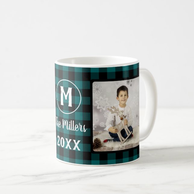 Green Plaid Holiday Family Name 2 Photo Year Coffee Mug (Front Right)