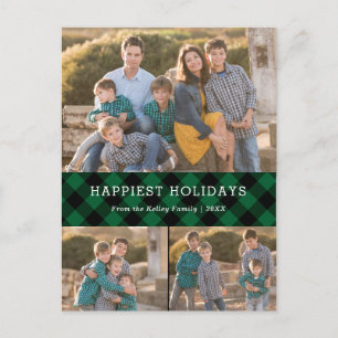 Green Plaid Holiday Three Photo Christmas Postcard
