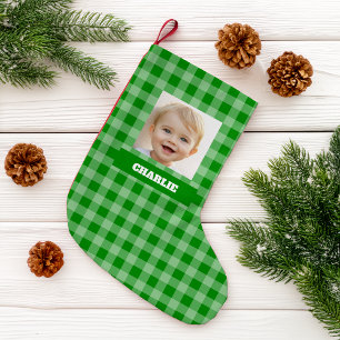 Green Plaid Kid Photo & Name Gingham Rustic Checks Small Christmas Stocking