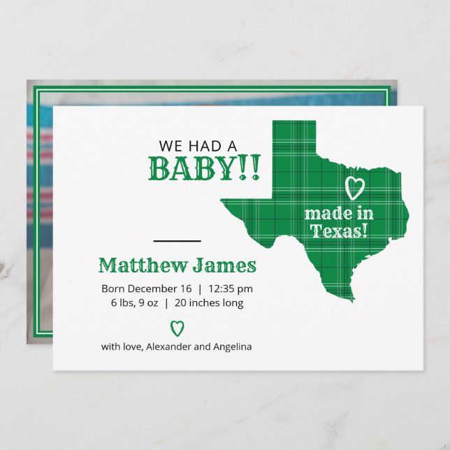 Green Plaid Made In Texas Horizontal Photo Announcement (Front/Back)