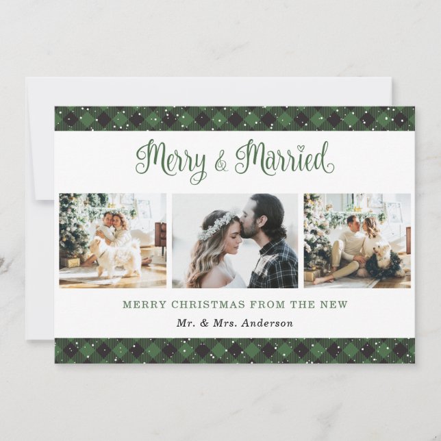 Green Plaid Merry and Married Christmas Card (Front)