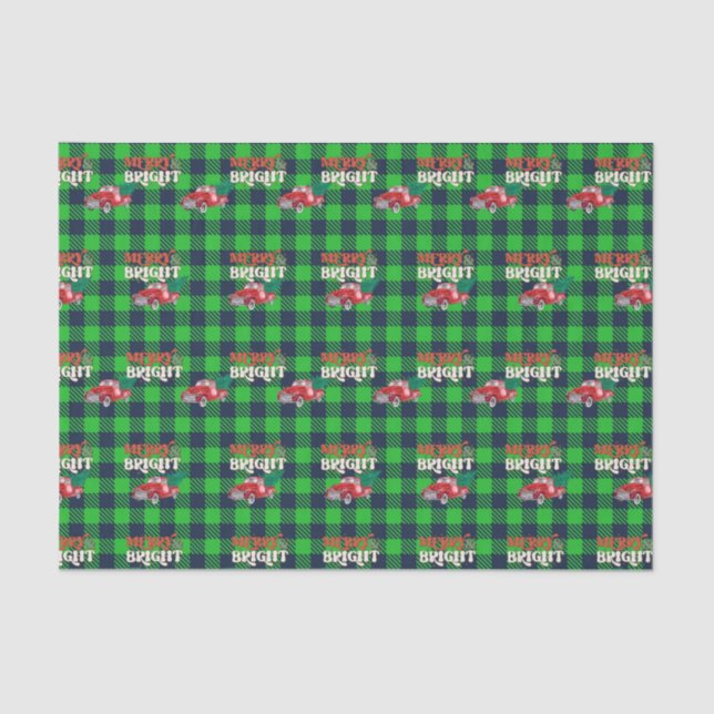 Green Plaid Merry Bright Red Truck Holiday Tissue Paper (Front)