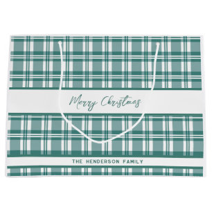 Green Plaid Merry Christmas Custom Name Large Gift Bag