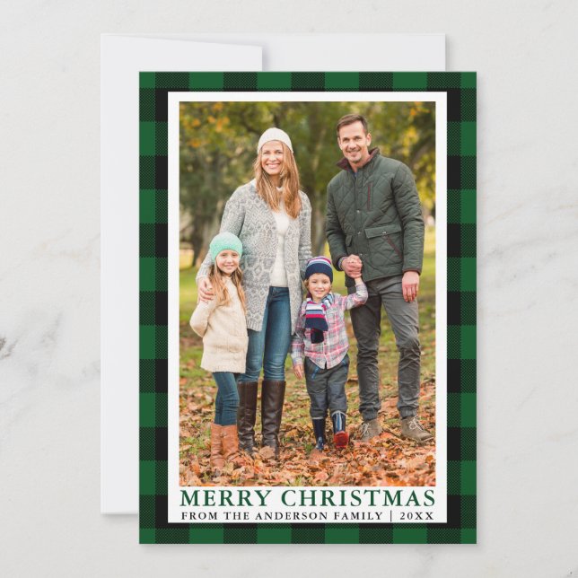 Green Plaid Merry Christmas Family Photo Card (Front)