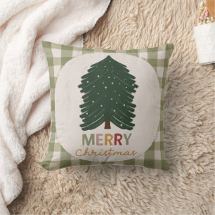 Green Plaid Merry Christmas for Rustic Farmhouse Cushion