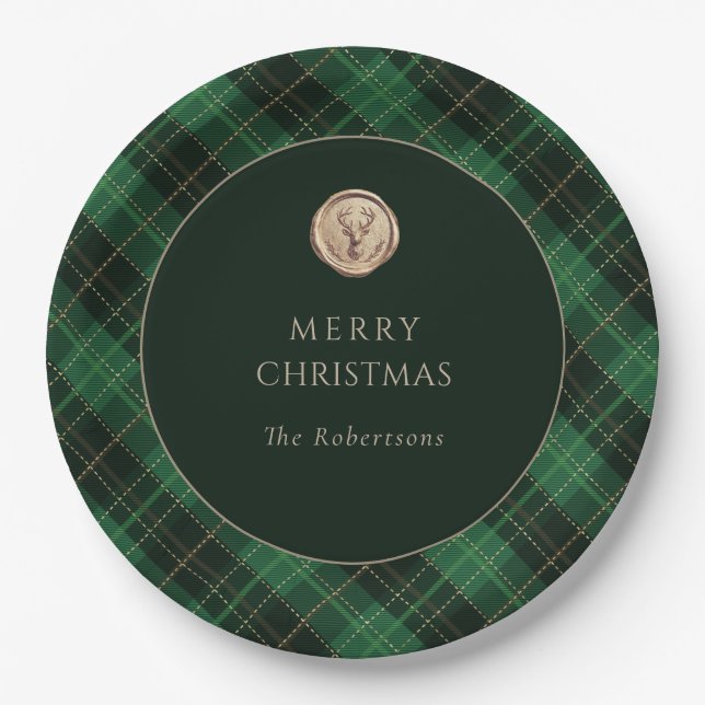 Green Plaid Merry Christmas Party  Paper Plate (Front)
