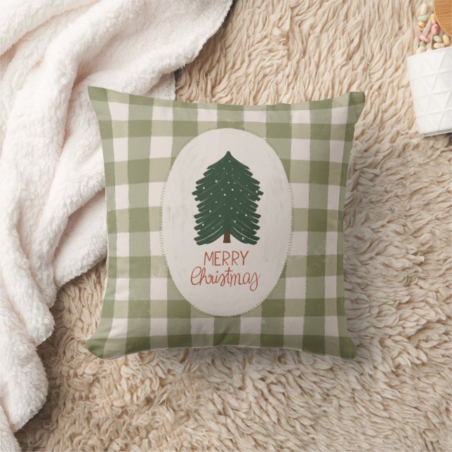 Green Plaid Merry Christmas, Rustic Farmhouse Cushion (Blanket)