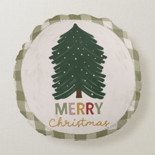 Green Plaid Merry Christmas, Rustic Farmhouse Round Cushion