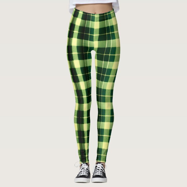 Green Plaid Mesh Geometric Pattern Leggings (Front)