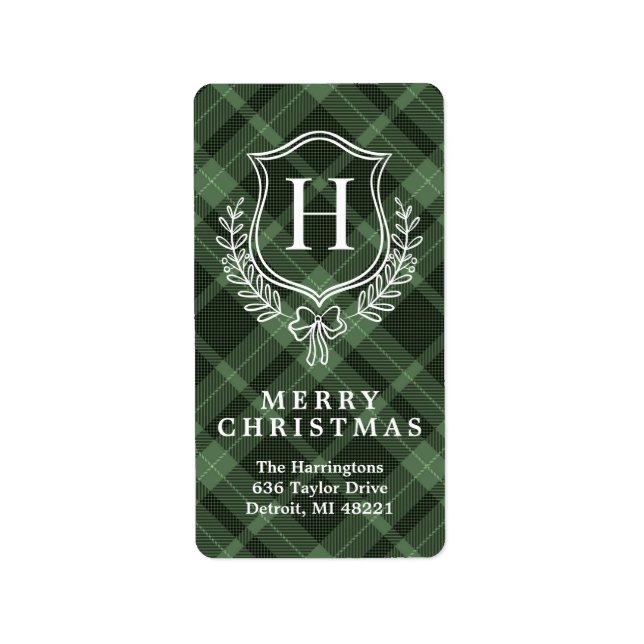 Green Plaid Monogram Christmas Return Address Label (Front)