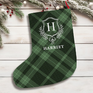 Green Plaid Monogram Initial Tartan Large Christmas Stocking