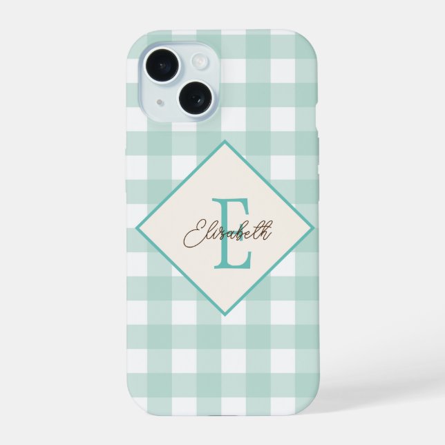 Green Plaid, Monogram iPhone 15 Case (Back)