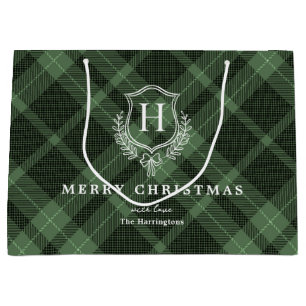 Green Plaid Monogram Name Christmas Large Gift Bag