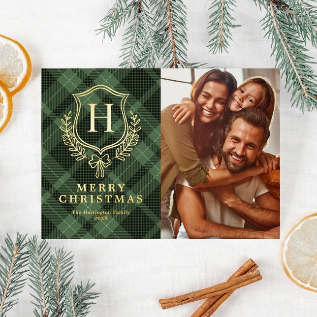 Green Plaid Monogram Photo Christmas Foil Holiday Card (Creator Uploaded)