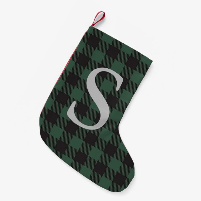 Green Plaid Monogrammed Classic Holiday Rustic Small Christmas Stocking (Front (Hanging))