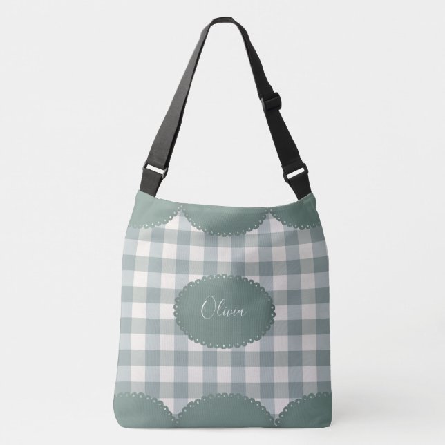 Green Plaid Name Personalised Modern Simple Crossbody Bag (Front)