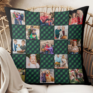 Green Plaid Patchwork Personalised Photo Collage  Cushion