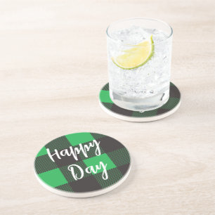 Green Plaid Pattern Happy Day Coaster