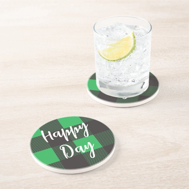 Green Plaid Pattern Happy Day Coaster (Side)