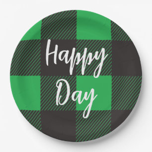 Green Plaid Pattern Happy Day Paper Plate