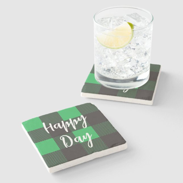 Green Plaid Pattern Happy Day Stone Coaster (Side)