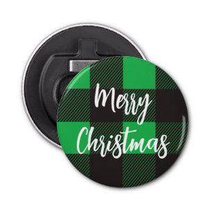 Green Plaid Pattern Merry Christmas Bottle Opener