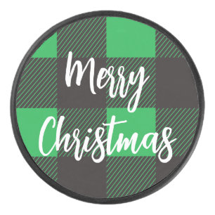 Green Plaid Pattern Merry Christmas Hockey Puck