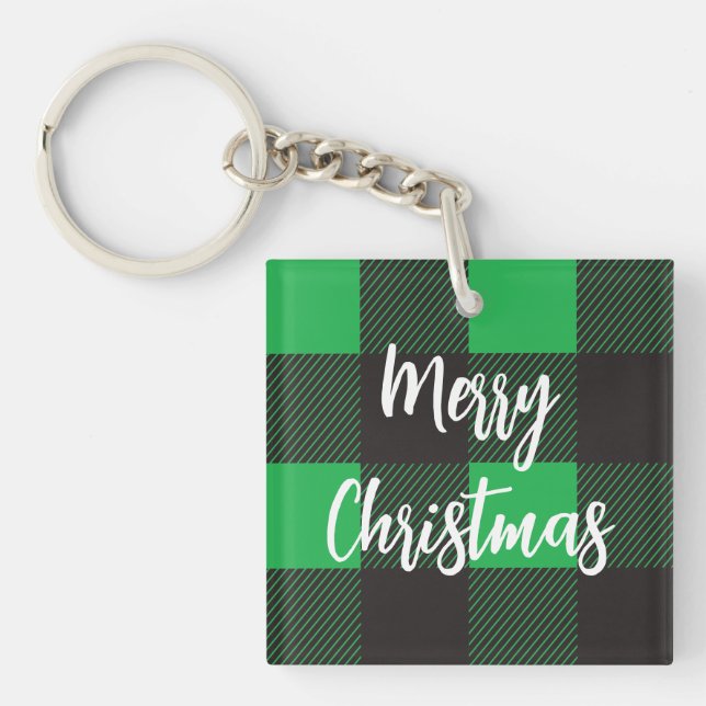 Green Plaid Pattern Merry Christmas Key Ring (Front)