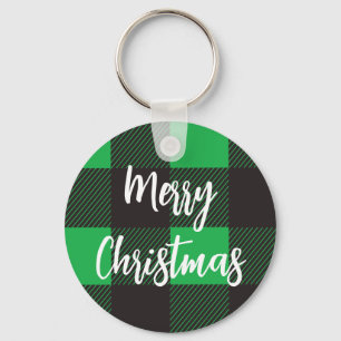 Green Plaid Pattern Merry Christmas Key Ring