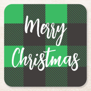 Green Plaid Pattern Merry Christmas Square Paper Coaster