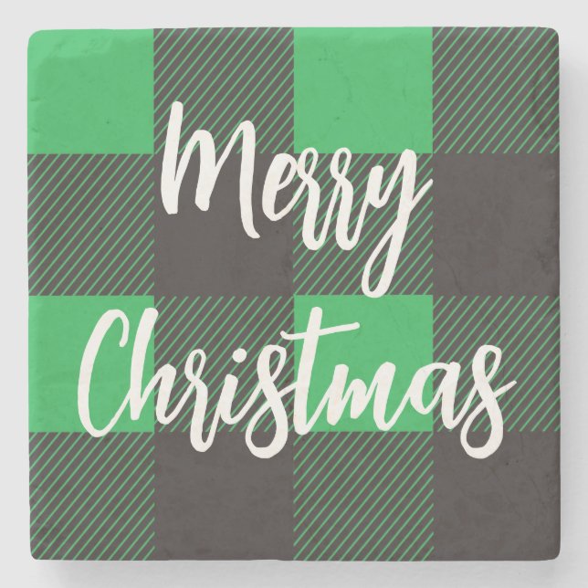 Green Plaid Pattern Merry Christmas Stone Coaster (Front)