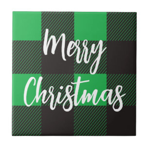 Green Plaid Pattern Merry Christmas Tile
