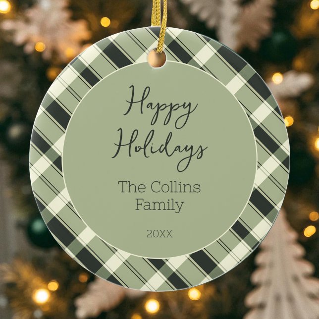 Green Plaid Pattern Modern Script Happy Holidays Ceramic Tree Decoration (Green Plaid Pattern Modern Script Happy Holidays Ceramic Ornament)