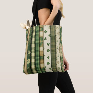 GREEN PLAID PATTERN WITH GREEN & WHITE SHAMROCKS TOTE BAG