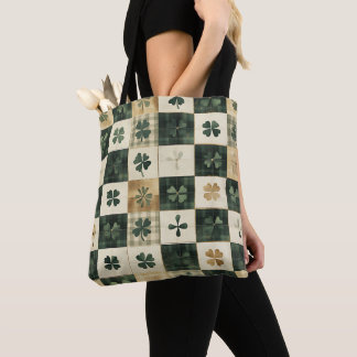 GREEN PLAID PATTERN WITH GREEN & WHITE SHAMROCKS TOTE BAG