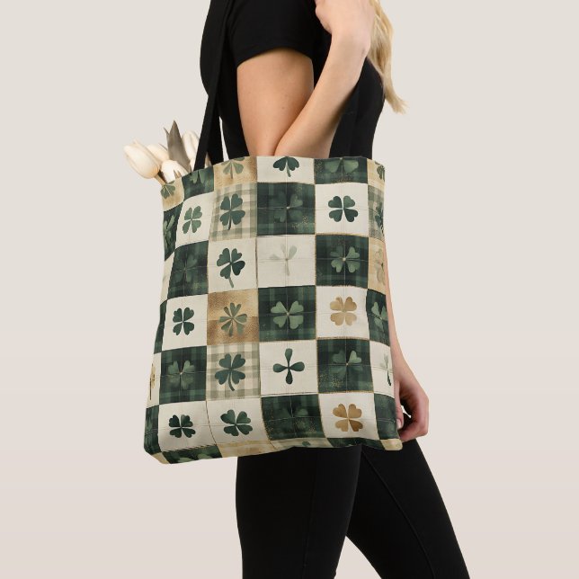 GREEN PLAID PATTERN WITH GREEN & WHITE SHAMROCKS TOTE BAG (Close Up)
