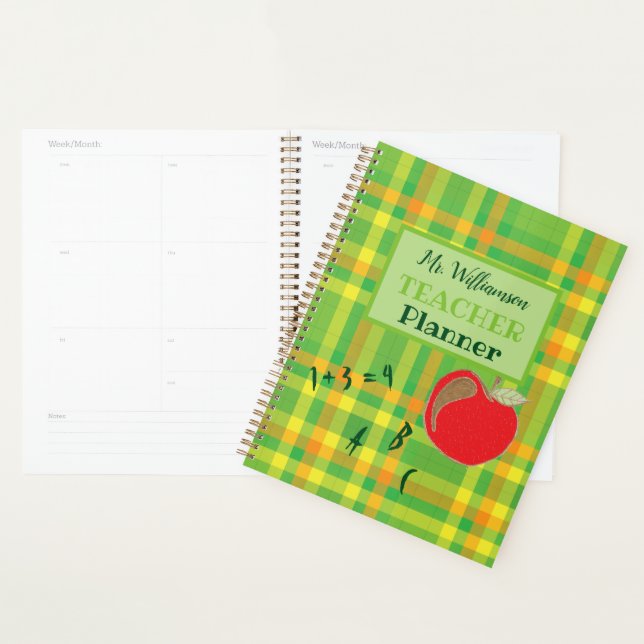 Green plaid personalised teacher planner (Display)