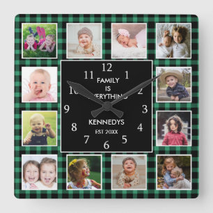 Green Plaid Photo Collage Family Quote Christmas Square Wall Clock