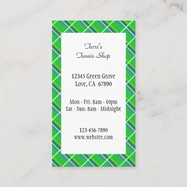 Green Plaid Preppy Editable Small Business Card (Front)