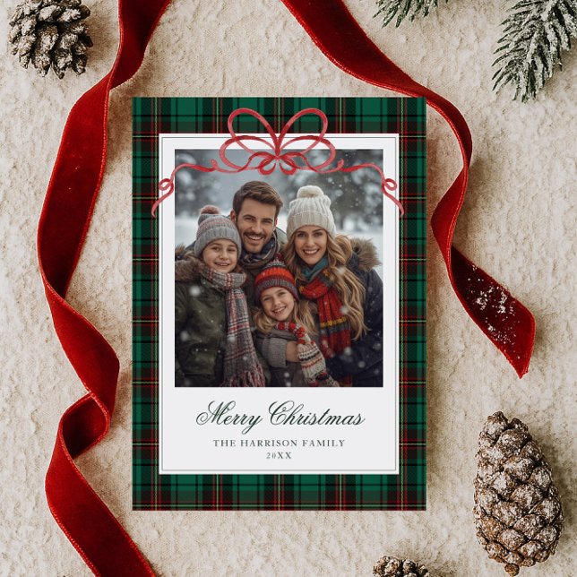 Green Plaid Red Bow Photo Holiday Card (Creator Uploaded)